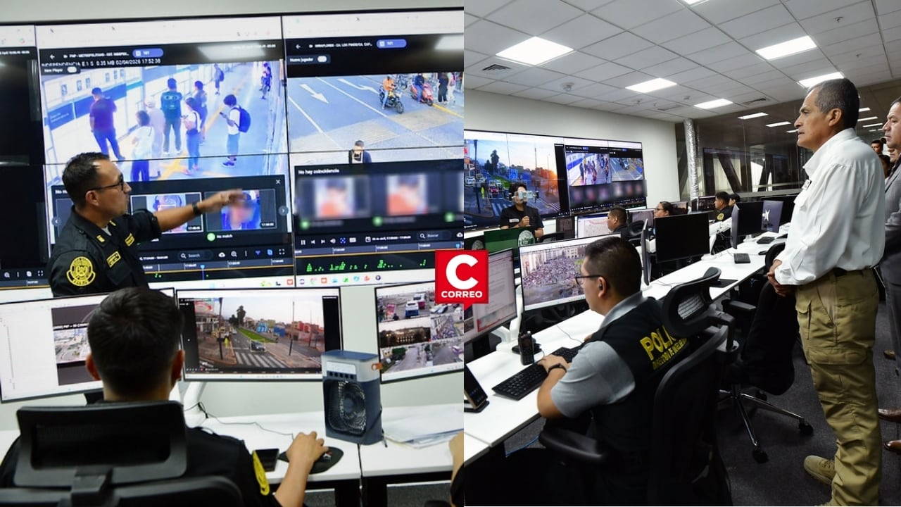 Ministro del Interior supervisó uso de cámaras en buses desde el centro comando PNP contra la extorsión. Composición: Diario Correo.