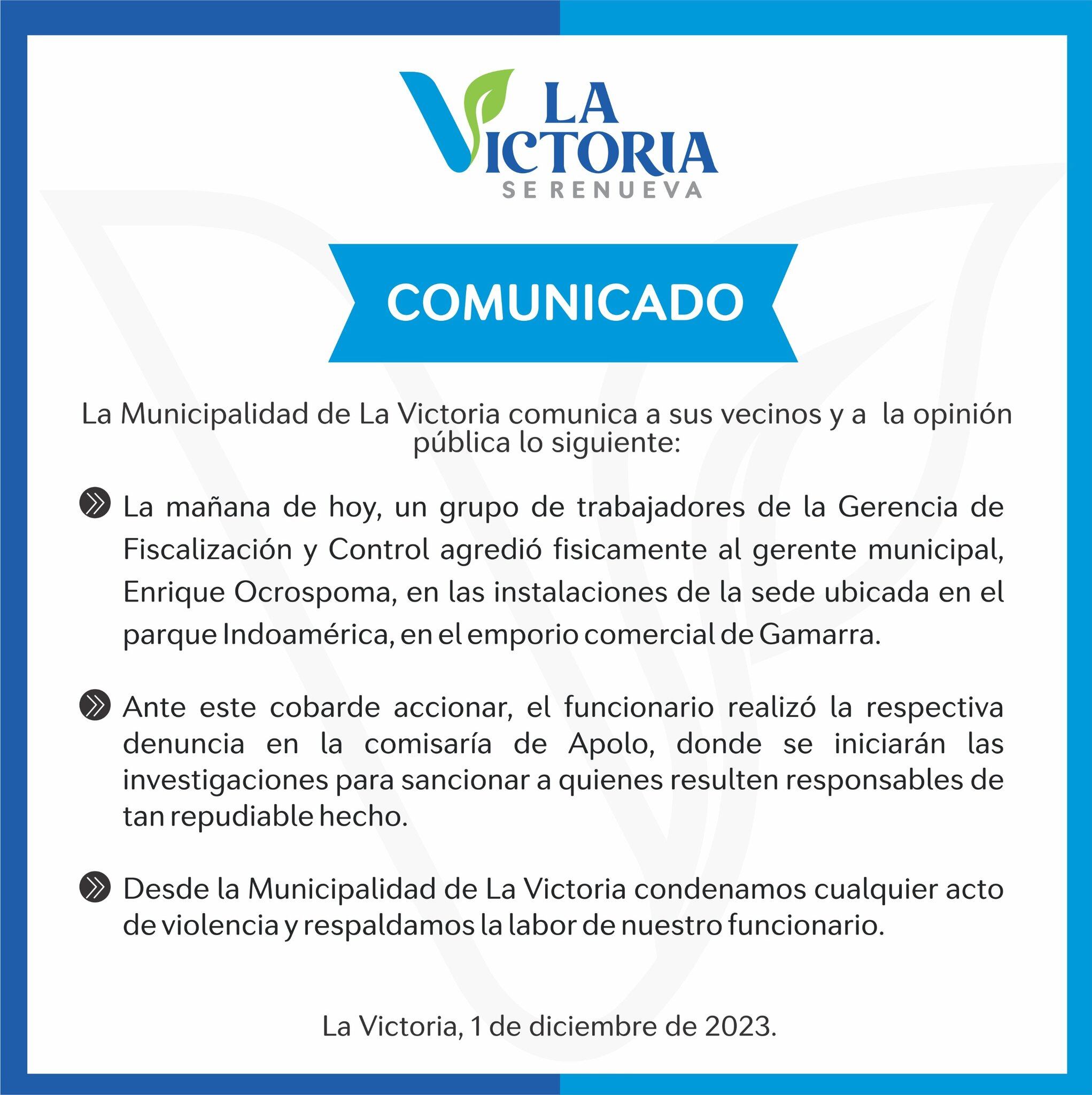Comunicado de la Municipalidad de La Victoria.