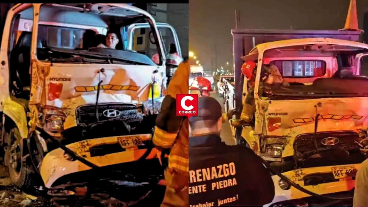 Puente Piedra: fuerte choque entre furgoneta y tráiler deja a conductor y copiloto con graves fracturas. Composición: Diario Correo.