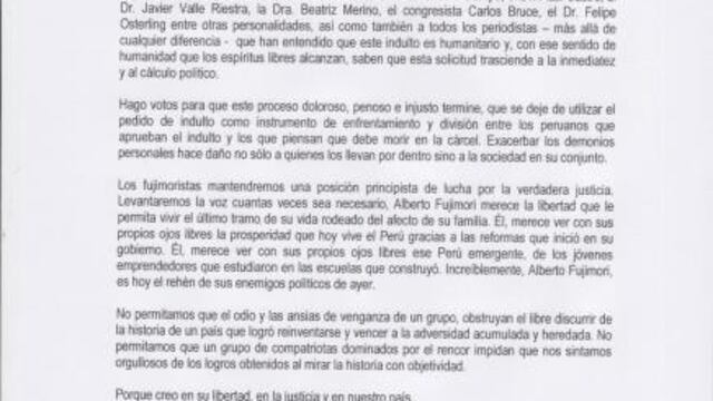 Keiko Fujimori publica carta sobre el indulto a su padre