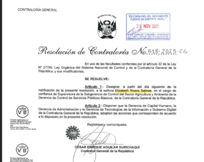 Esta es la resolución que nombró a Elizabeth Rivera Salinas en un cargo de confianza. (Imagen: Captura resolución Contraloría)