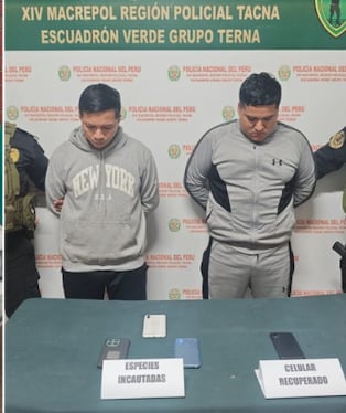 Vehículo, los dos integrantes de banda y los cuatro celulares recuperados por la PNP