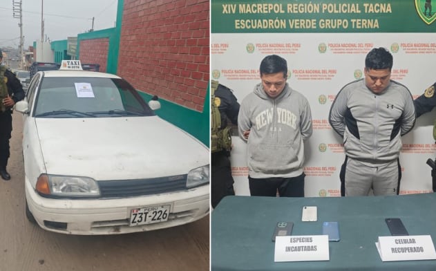 Vehículo, los dos integrantes de banda y los cuatro celulares recuperados por la PNP