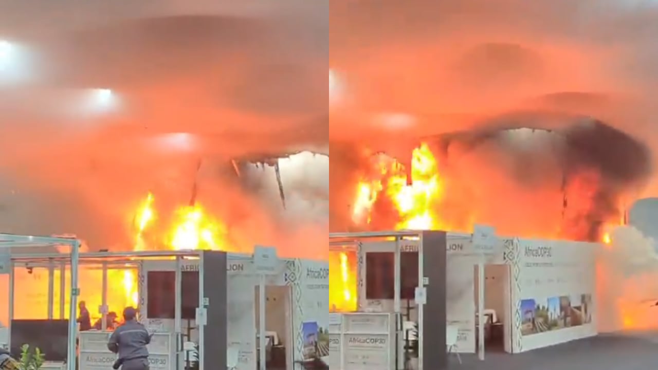 Las llamas se iniciaron en la entrada del recinto y abrieron un agujero en el techo. Miles de participantes fueron evacuados mientras bomberos y personal de la ONU actuaban. (Foto: Metropoles)