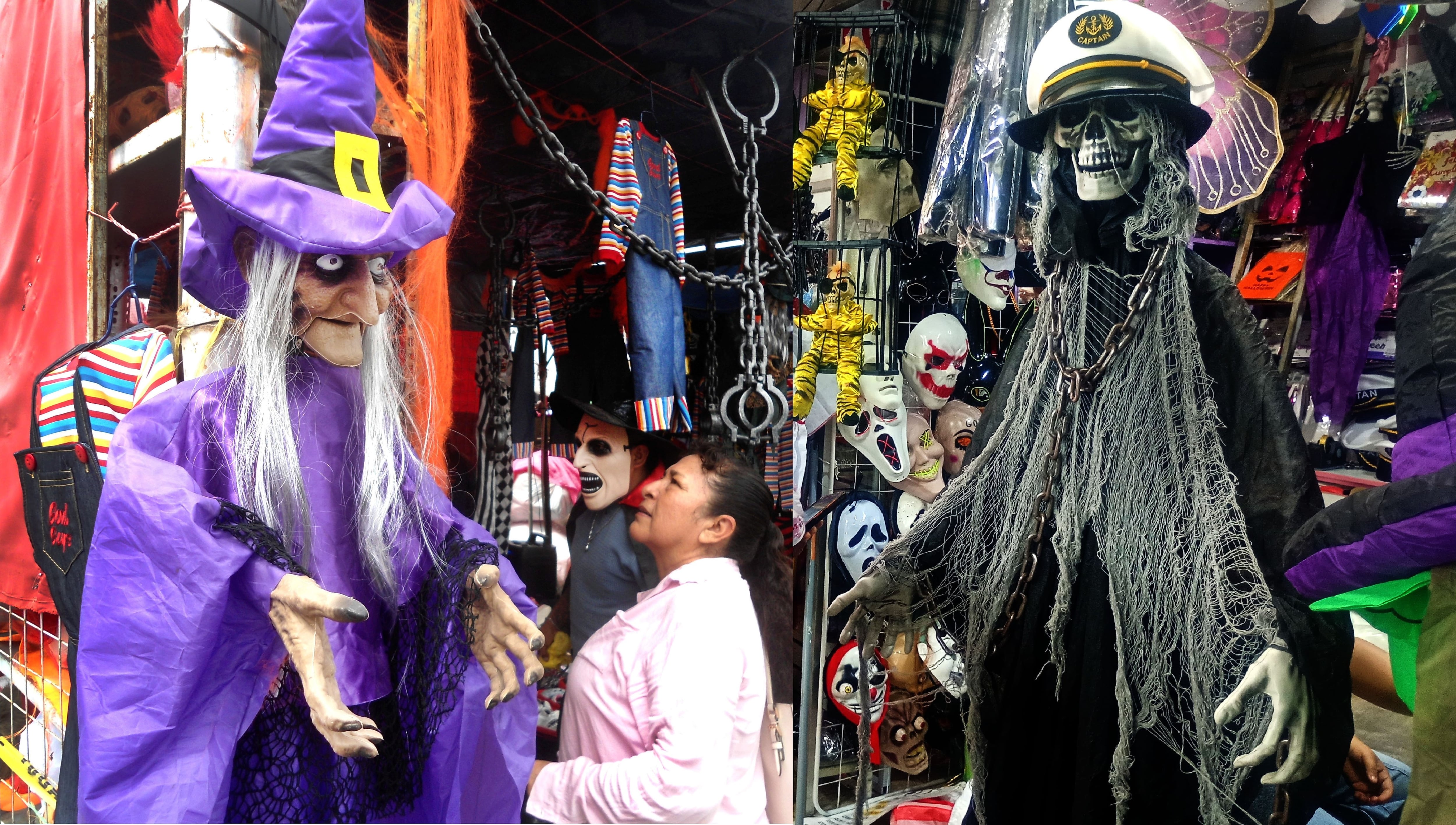 Venta de disfraces, máscaras terroríficas para celebrar la fiesta de halloween.