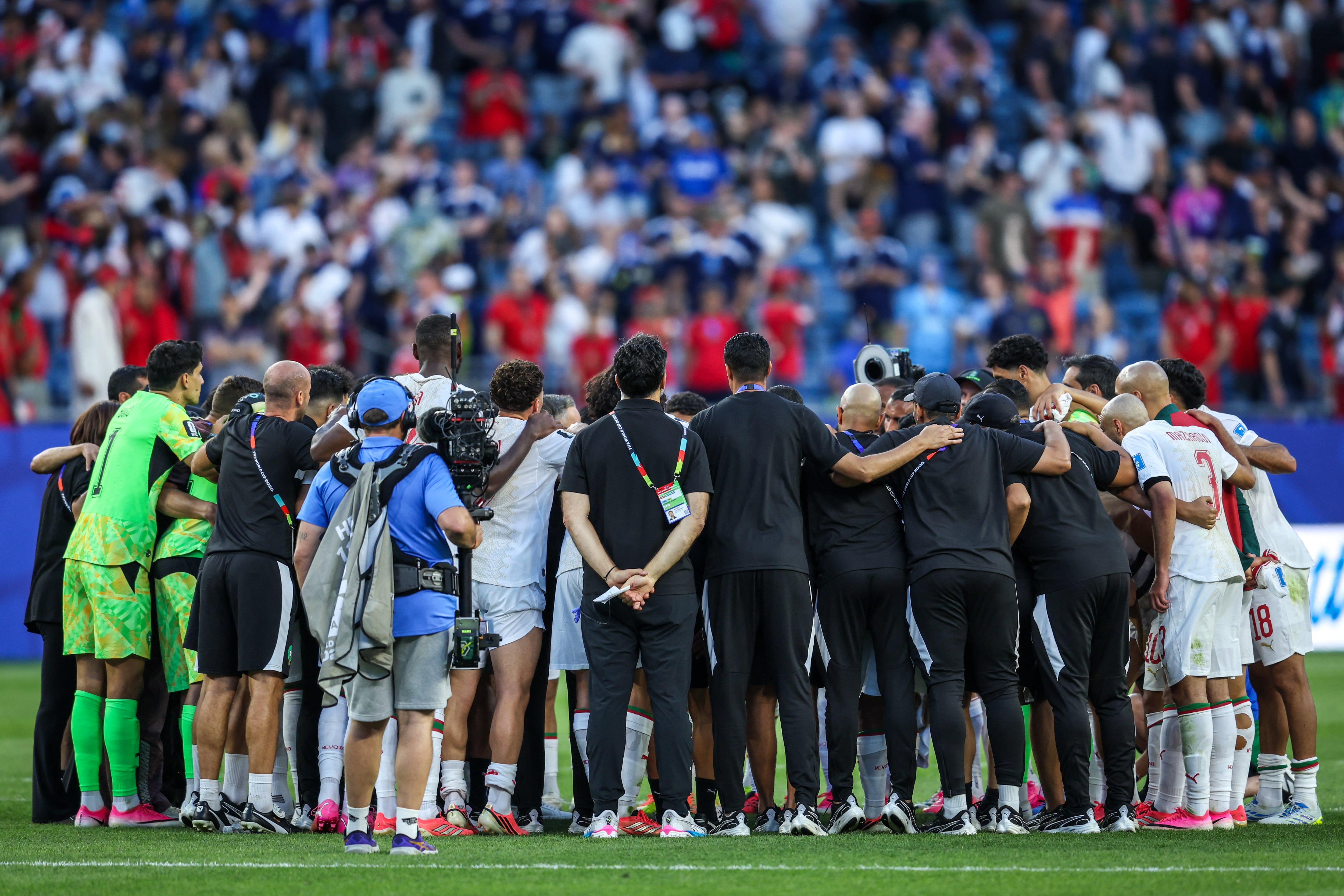 Morocco team after the FIFA World Cup USA 2026 Group C match between Scotland and Morocco at Boston Stadium, Boston, United States, on June 19, 2026. (Photo by Ayman Aref/NurPhoto) (Photo by Ayman Aref / NurPhoto via AFP)