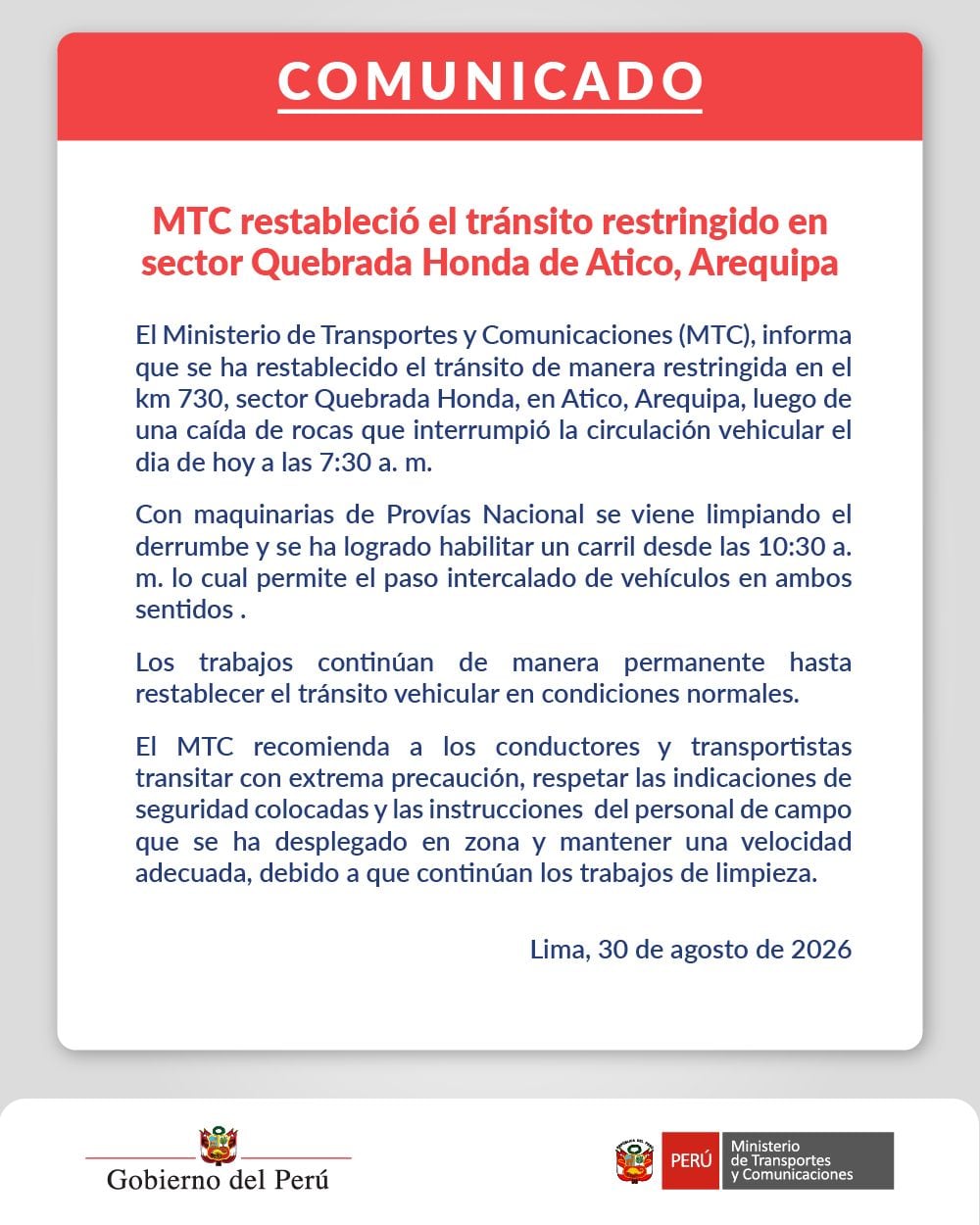 Comunicado del MTC.