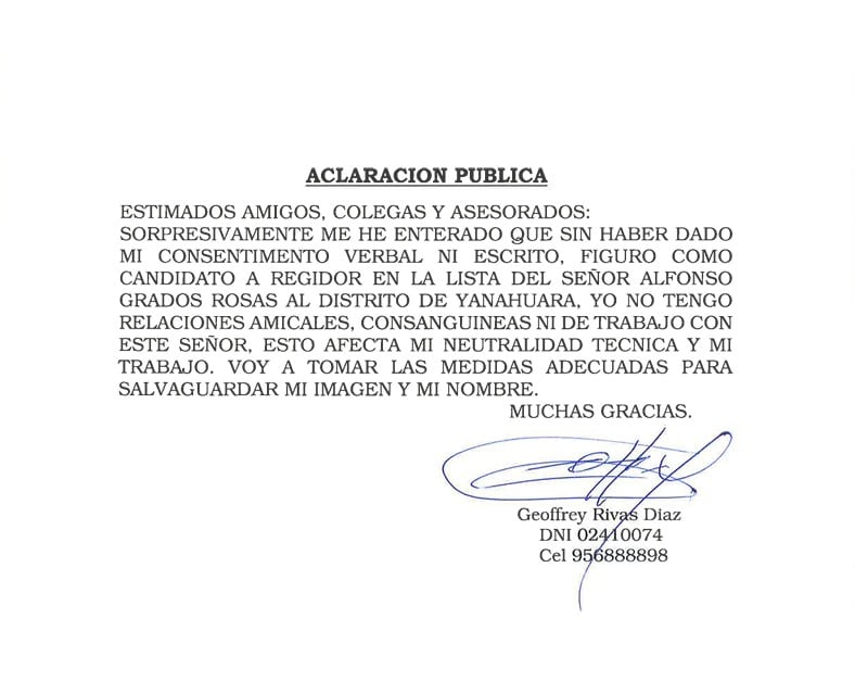 Comunicado de aclaración de Geoffrey Rivas