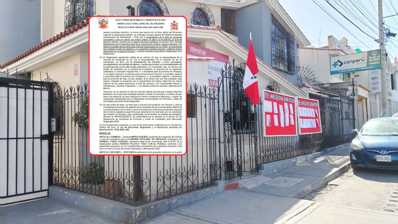 Partido Todo con el Pueblo queda fuera de las Elecciones Regionales en Arequipa