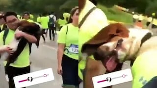 Sujeto lleva a su perro para correr con él, pero termina cargándolo a mitad de carrera