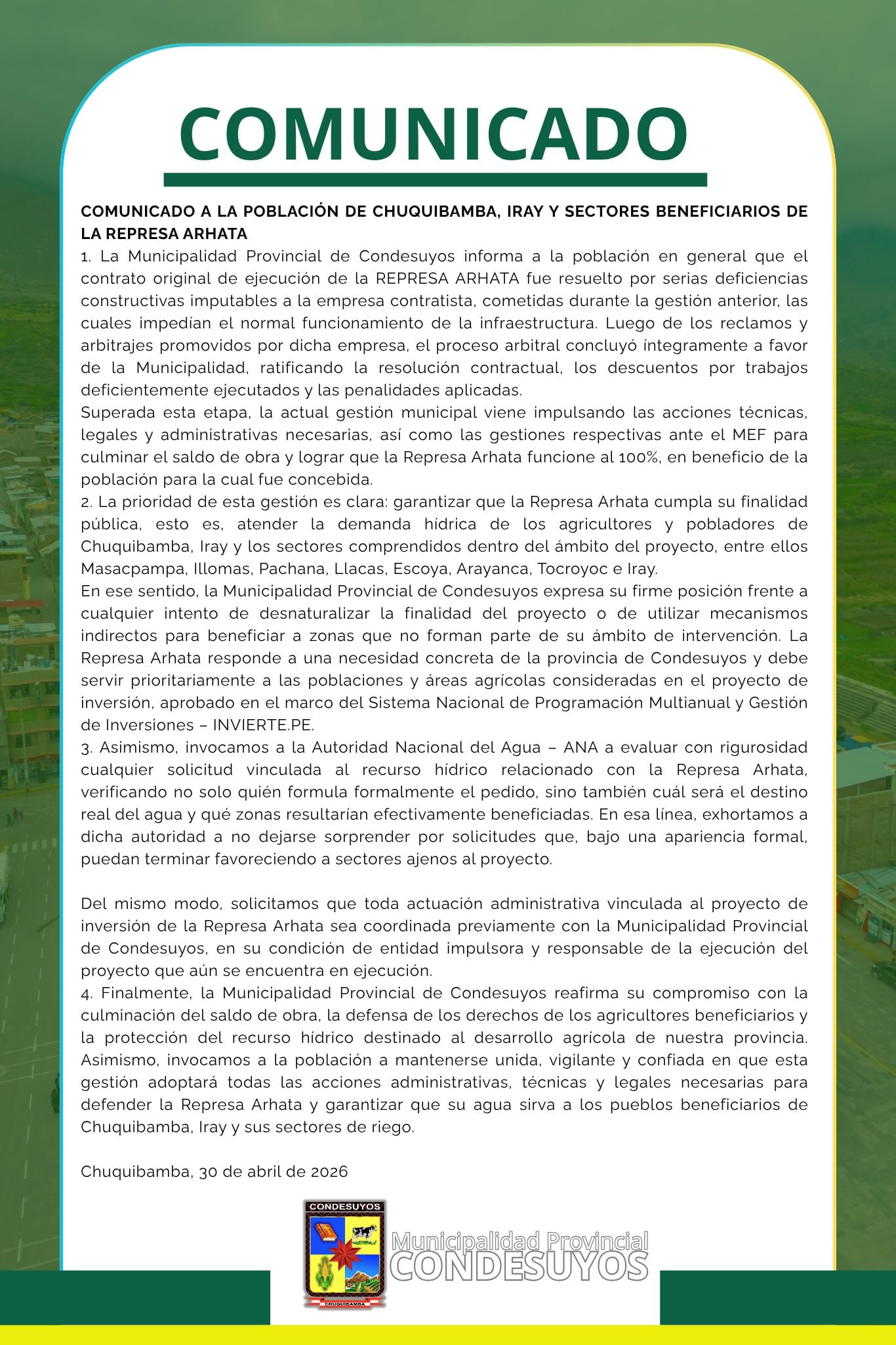 Condesuyos rechaza uso distinto del agua de la represa Arhata y exige respeto a su finalidad