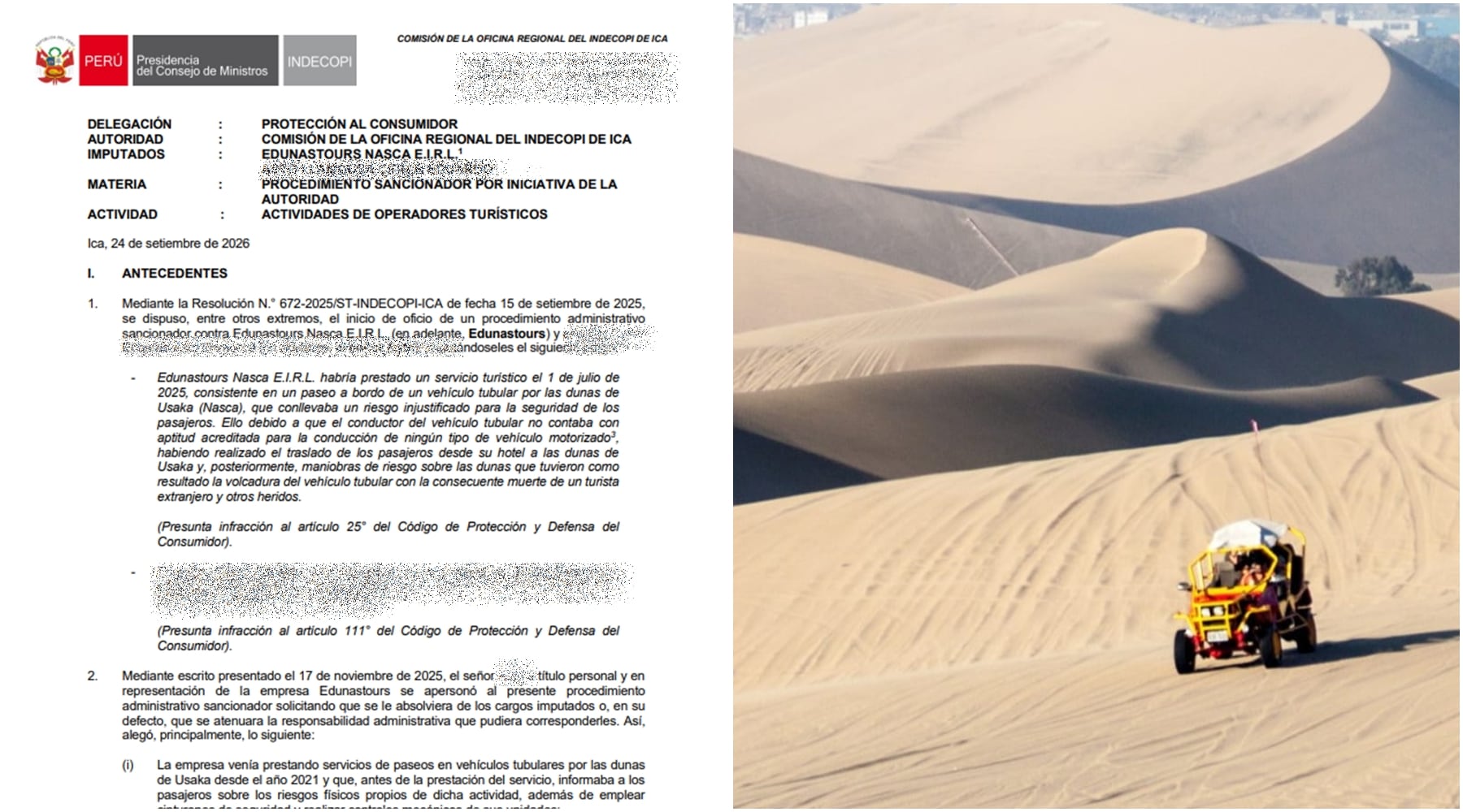 Nasca: multa de S/2.5 millones contra empresa de tubulares por muerte de turista en las dunas de Usaka