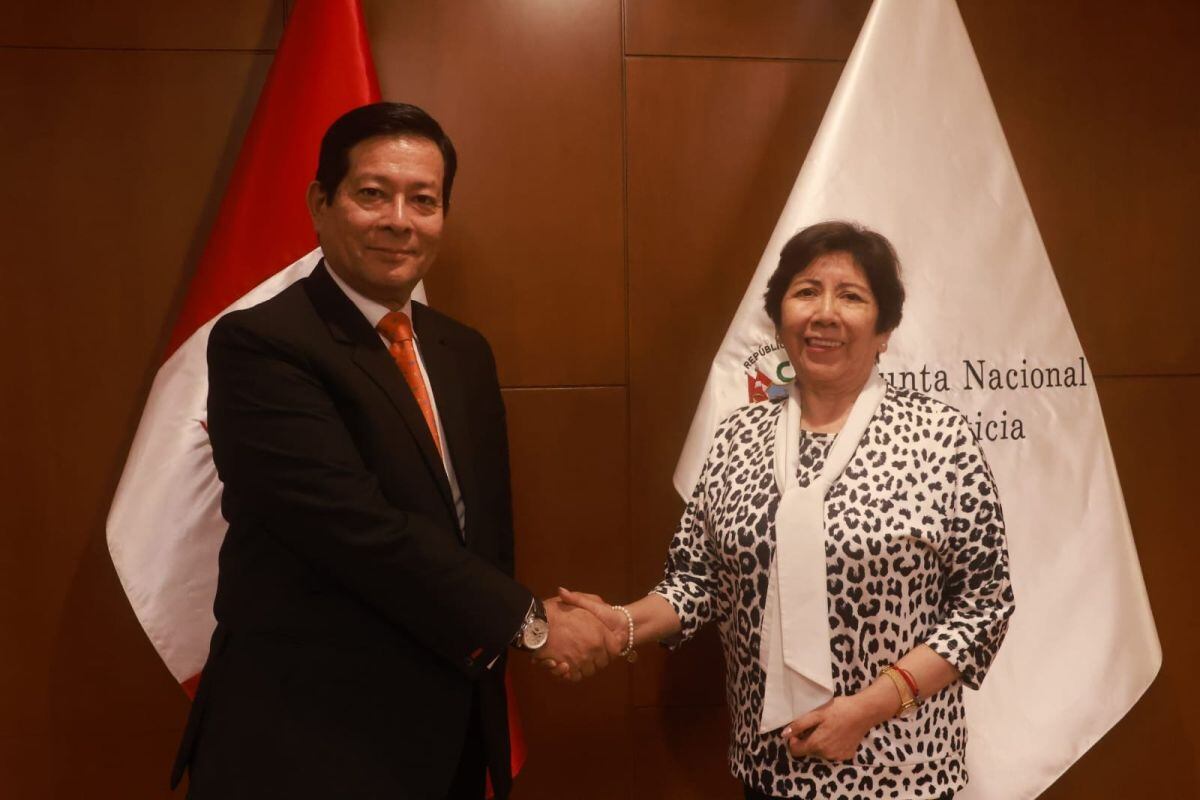 El ministro de Justicia y Derechos Humanos, Eduardo Arana, y la presidenta de la JNJ, Imelda Tumialán, se reunieron por reactivación del Consejo para la Reforma del Sistema de Justicia. (Foto: Minjusdh/X)