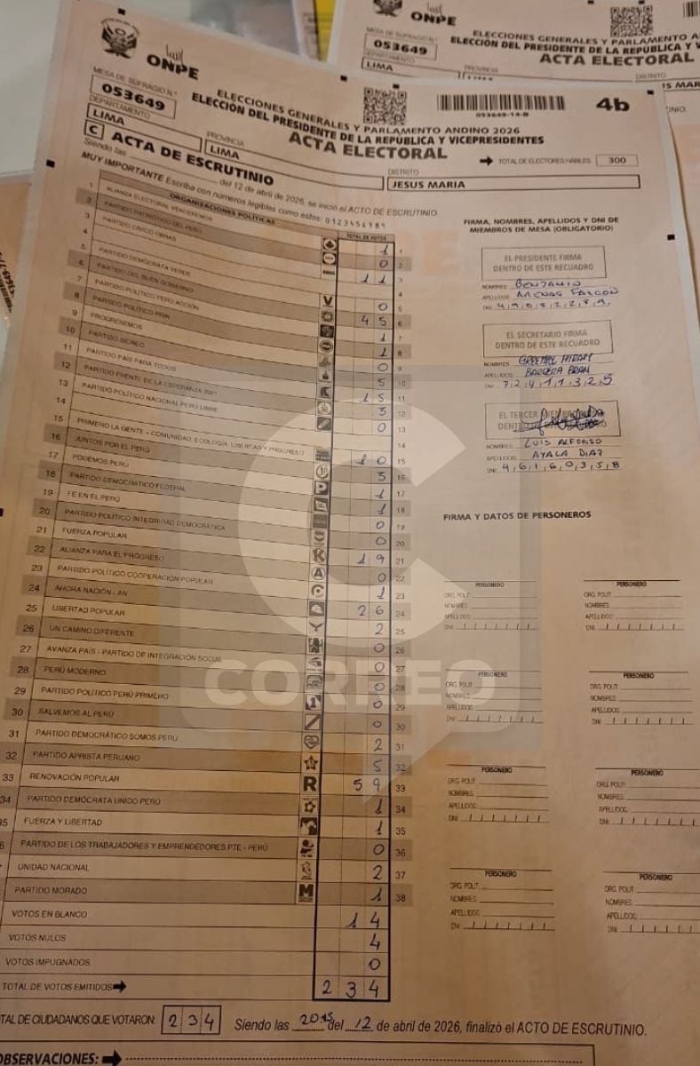 Fotografía a la acta presidencial de la mesa 053649.