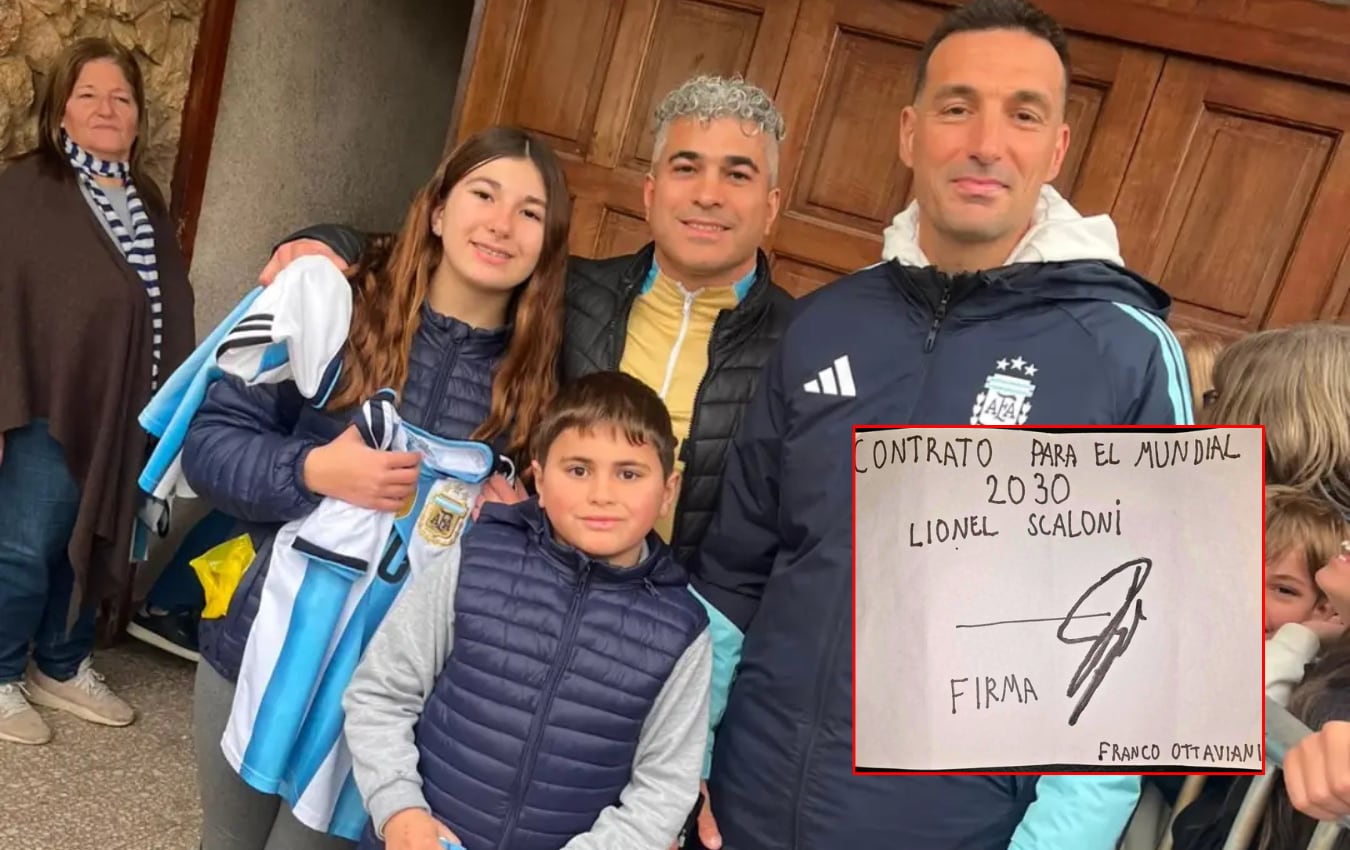 Niño hace firmar a Lionel Scaloni un "contrato" para que se quede al mando de la Selección Argentina hasta el Mundial 2030. Foto: Cesar Ottaviani/Instagram.