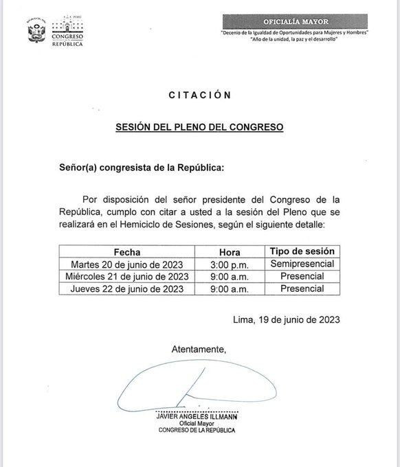 Citación para las sesiones del pleno los días martes 20, miércoles 21 y jueves 22. (Foto: Congreso)