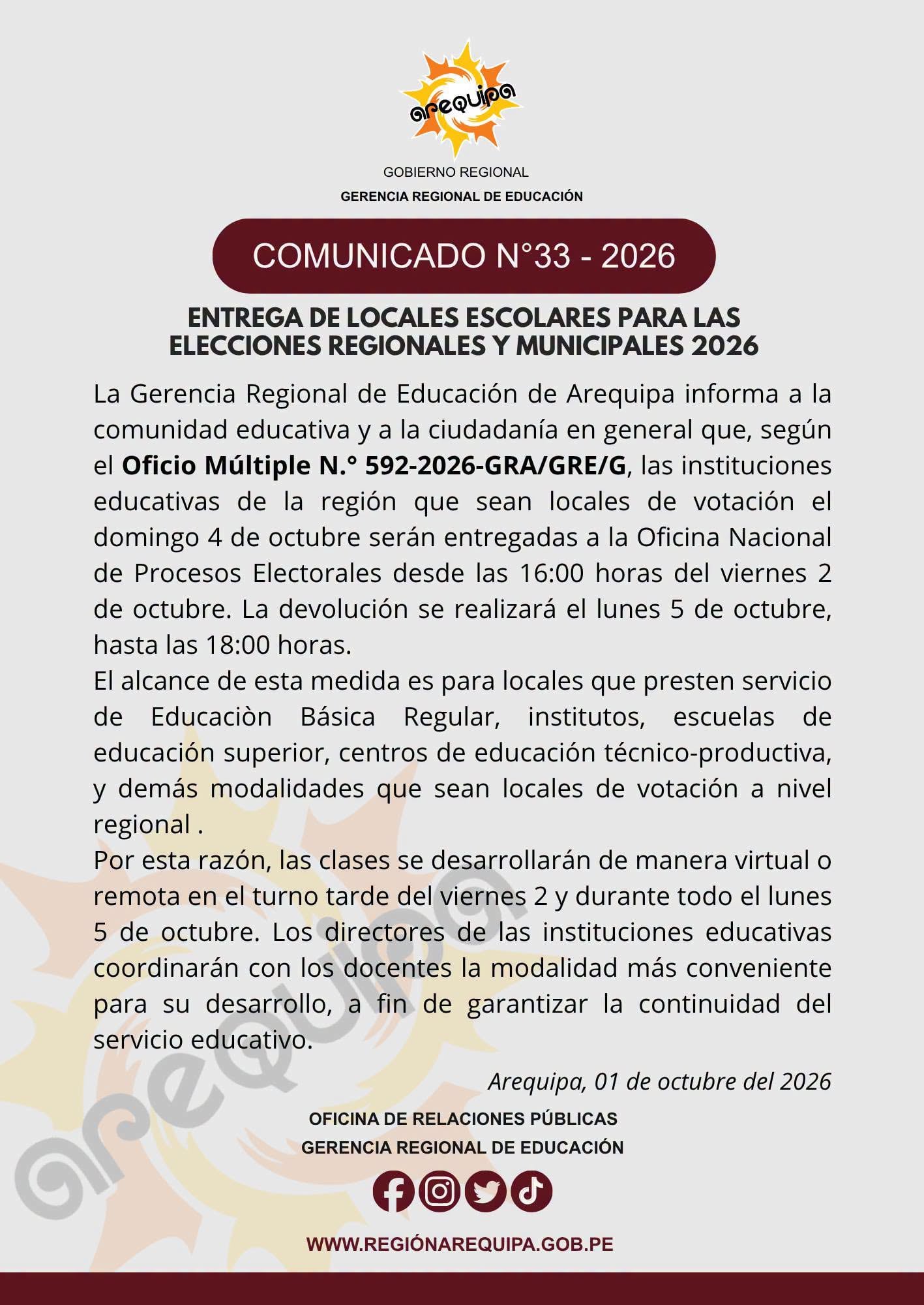 Comunicado de la Gerencia Regional de Educación de Arequipa
