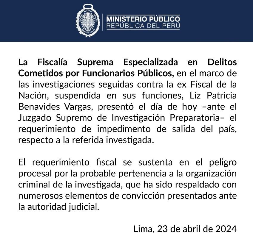 Así anunció la Fiscalía que presentó un requerimiento de impedimento de salida del país para Patricia Benavides. (Foto: Twitter)