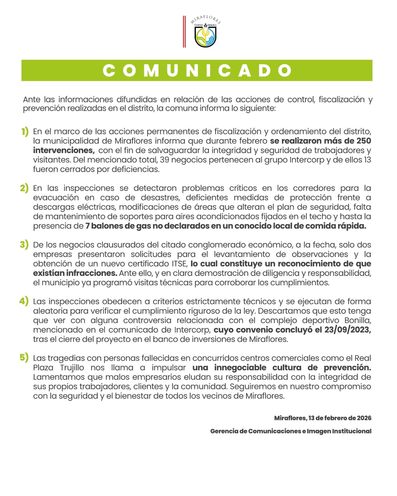 Comunicado de la Municipalidad de Miraflores.