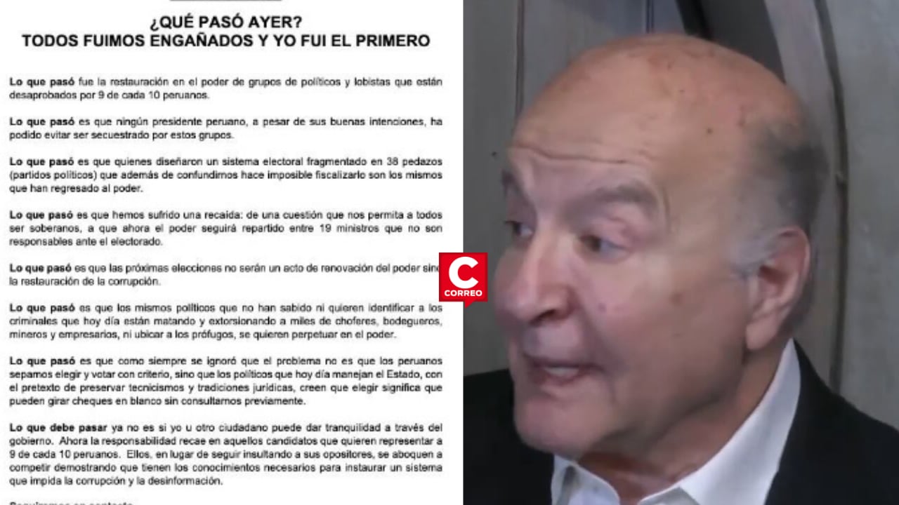En comunicado, Hernando de Soto cuestiona influencia de grupos de poder. "Lo que pasó fue la restauración en el poder de grupos de políticos y lobistas que están desesperados por 9 de cada 10 peruanos", dijo
