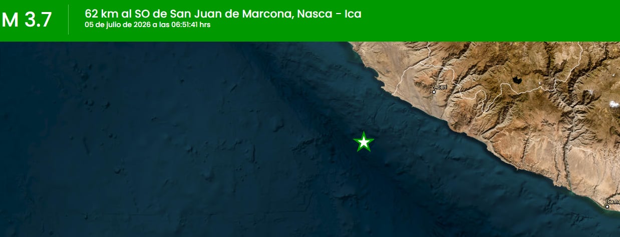 El movimiento telúrico ocurrió a las 6:51 de la mañana de este domingo y tuvo como epicentro una zona ubicada a 62 kilómetros al suroeste de San Juan de Marcona, en la provincia de Nasca.