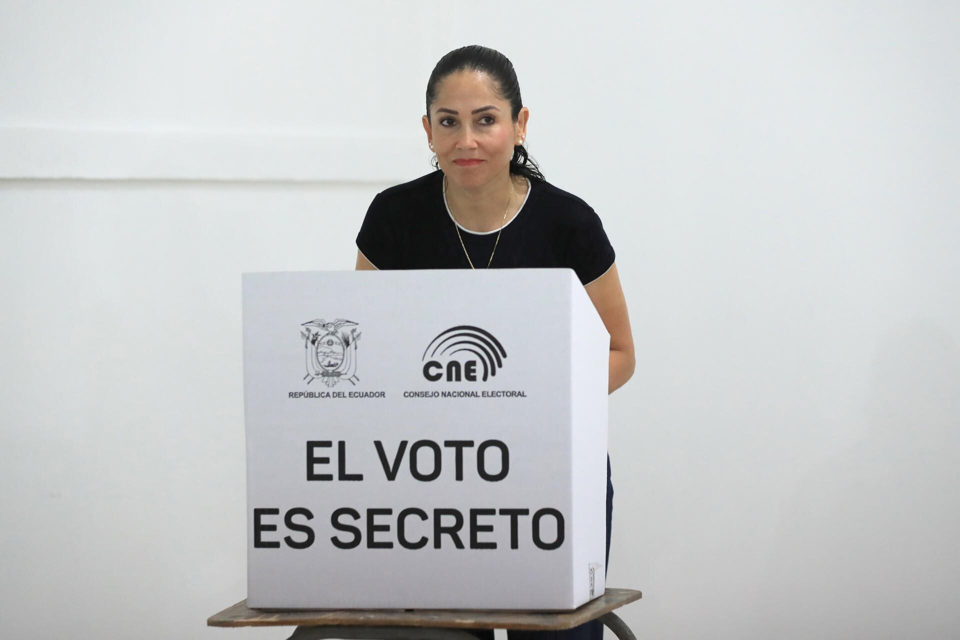 “A no intervenir en el conteo de votos en las urnas, sino a estar garantizando la seguridad del pueblo ecuatoriano, que ya no da más”, dijo González en declaraciones a la prensa tras depositar su voto. EFE/José Jácome