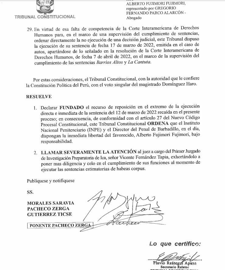 Tribunal Constitucional (TC) dispuso la liberación inmediata del expresidente Alberto Fujimori.