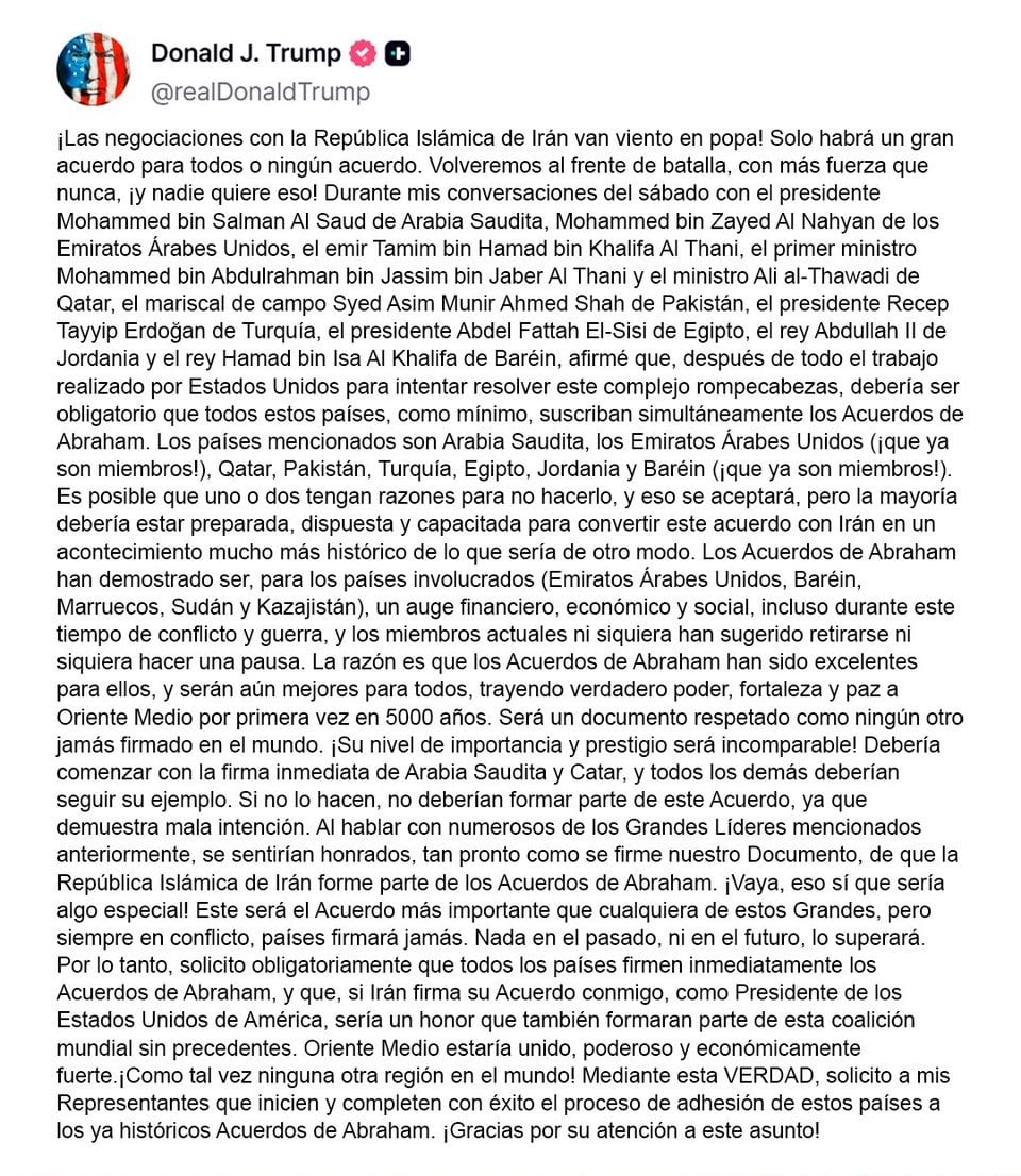 Fuente: Truth Social de Donald Trump.
