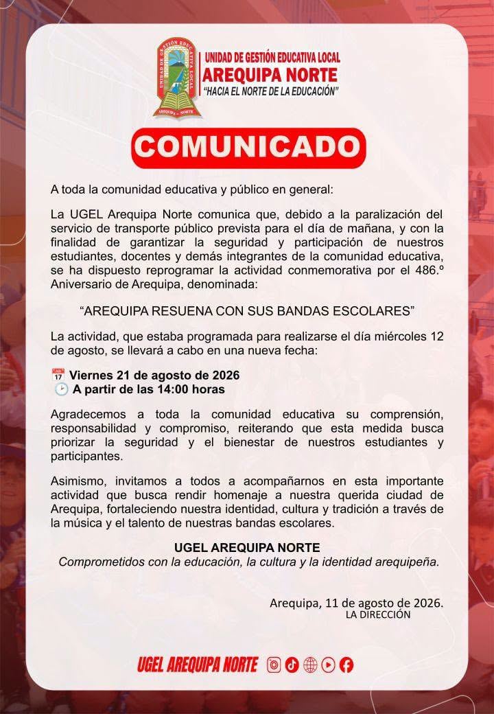 Postergan retreta de bandas escolares en Arequipa por paro de transportistas