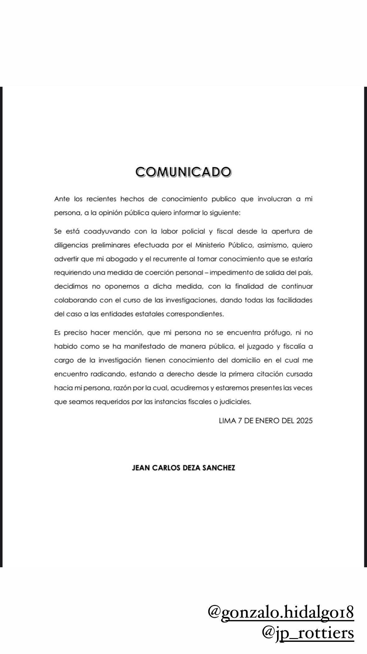 Jean Deza emite comunicado tras denuncia de Gabriela Alava