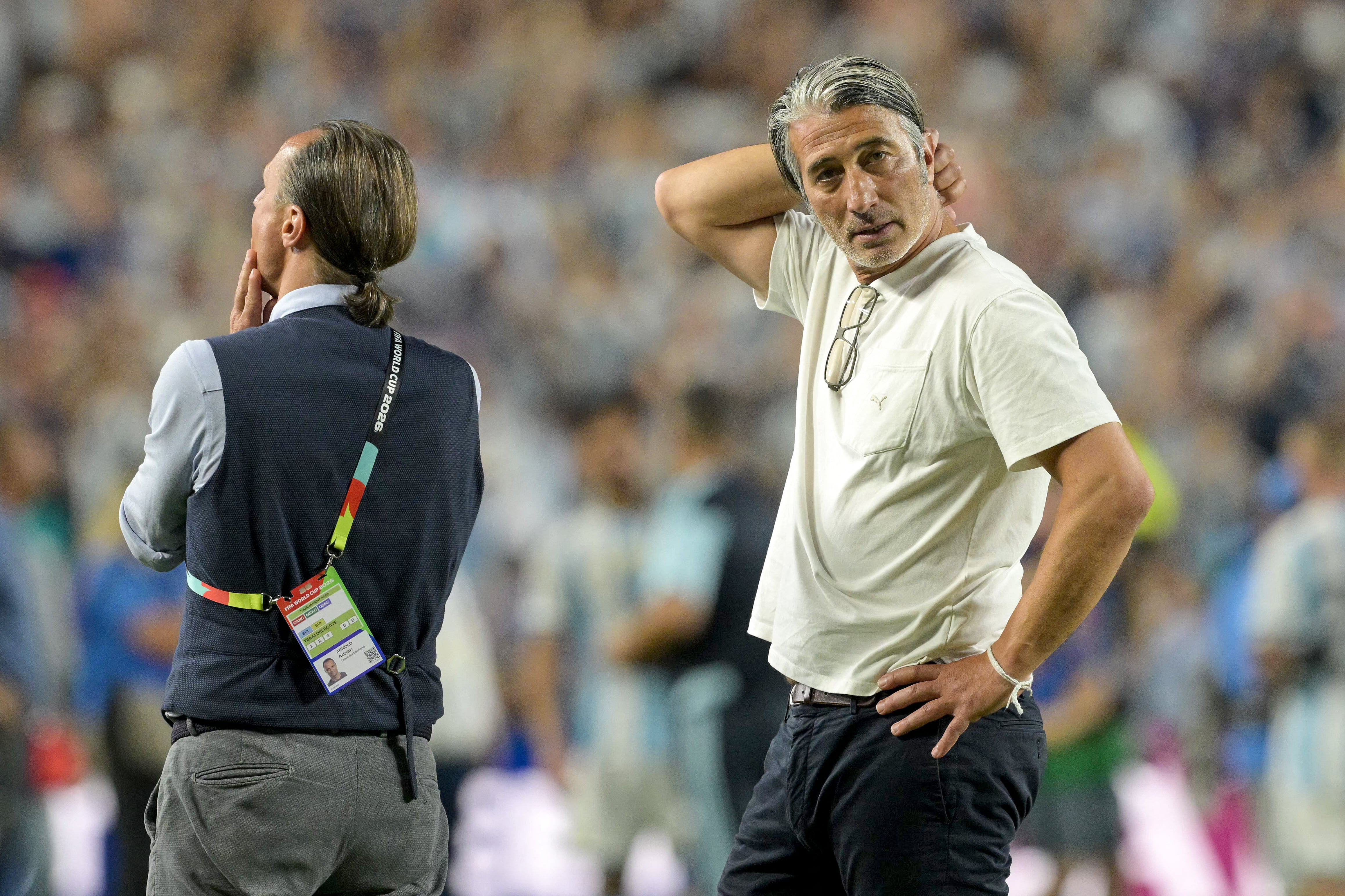Switzerland's head coach Murat Yakin gestures at the end of the 2026 World Cup football tournament quarter-final match between Argentina and Switzerland at the Kansas City Stadium in Kansas City on July 11, 2026. (Photo by JUAN MABROMATA / AFP)