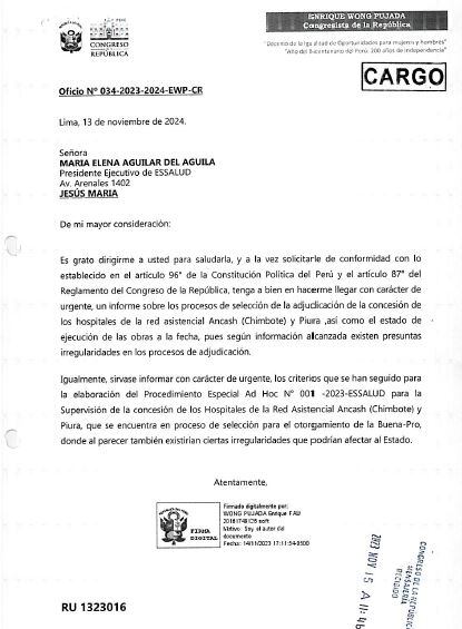 Oficio enviado a EsSalud.