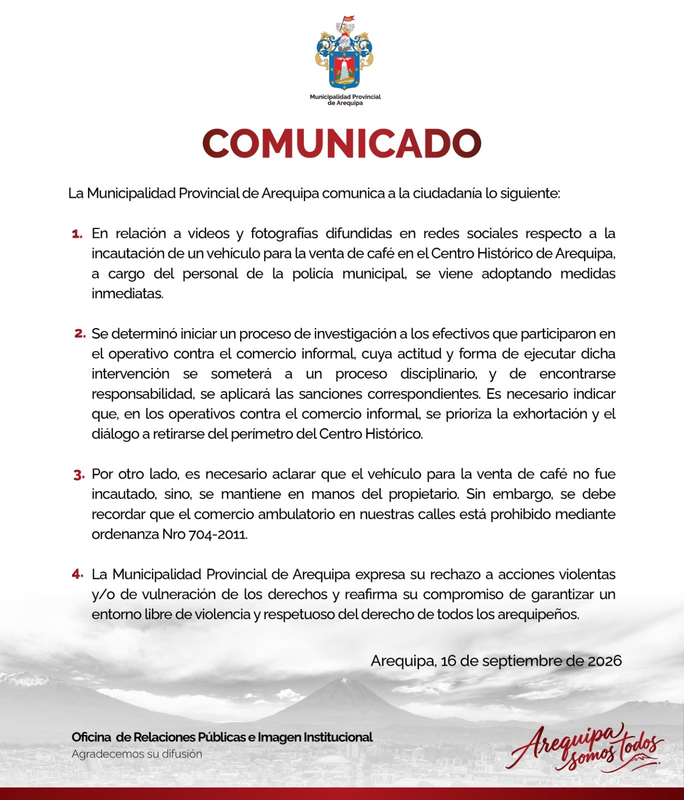 Comunicado de la Municipalidad Provincial de Arequipa tras el operativo de policías municipales.