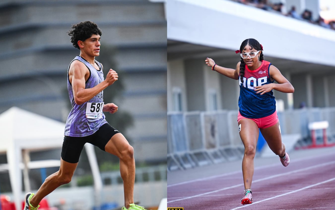 Giancarlo Bravo, campeón en 1500 metros; y Micaela Villamarín, campeona 400 metros, en el Campeonato Nacional de Atletismo U20. Foto: Federación Deportiva Peruana de Atletismo.