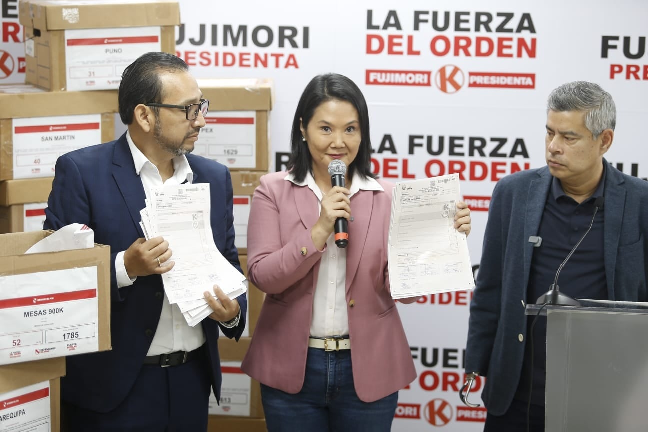 Keiko Fujimori emitió un pronunciamiento desde el local de su partido, Fuerza Popular, en San Isidro. (Foto César Campos / GEC)