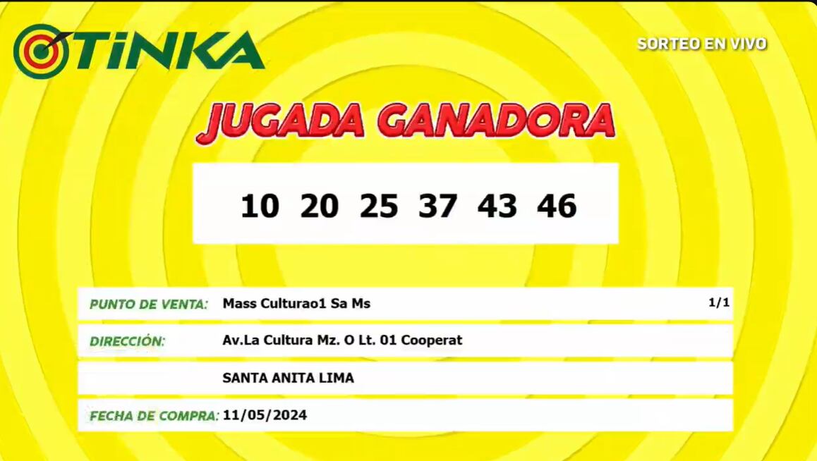 Jugada ganadora de la Tinka.