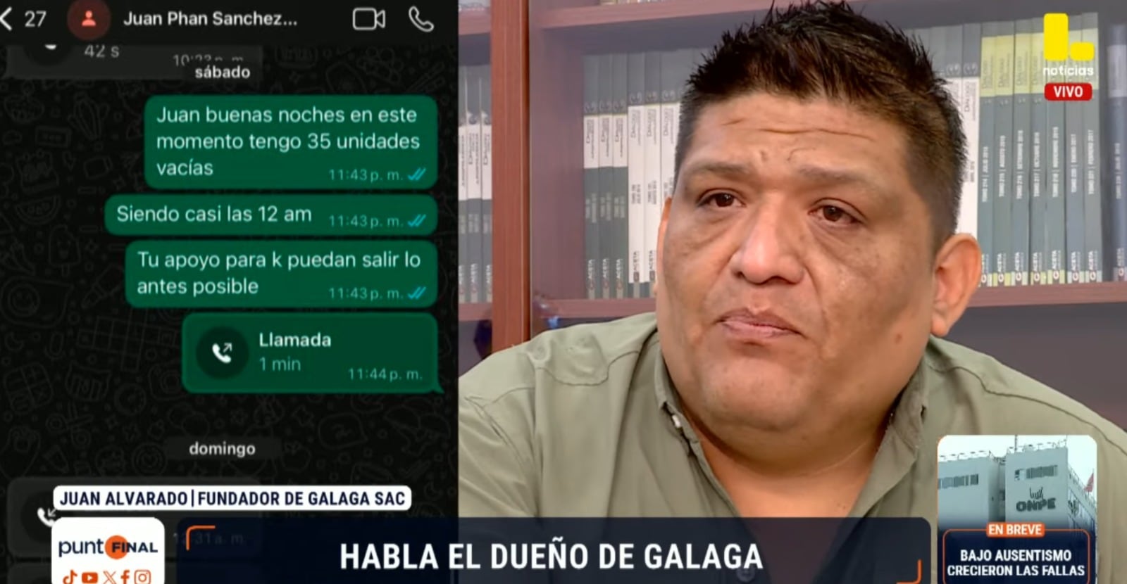 Dueño de Galaga, Juan Alvarado, rompe su silencio y responsabiliza a la ONPE por retraso en la distribución del material electoral. Foto: Captura de pantalla.
