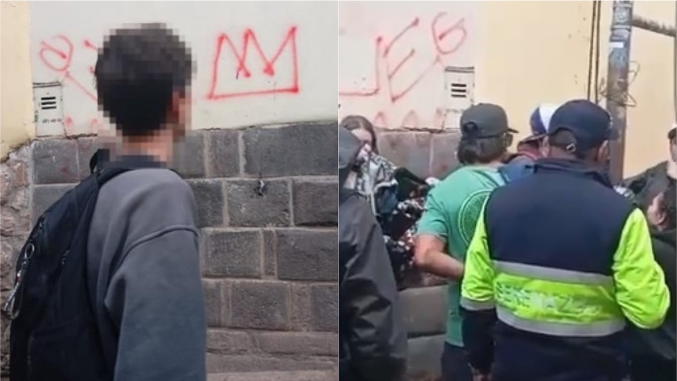 Tres estudiantes fueron intervenidos por la Policía luego de atentar muro ubicado a 20 metros de la Plaza Mayor del Cusco.