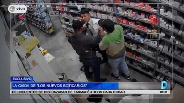 Ladrones ingresan a robar farmacia y se colocan chaquetas de empleados para no levantar sospechas  