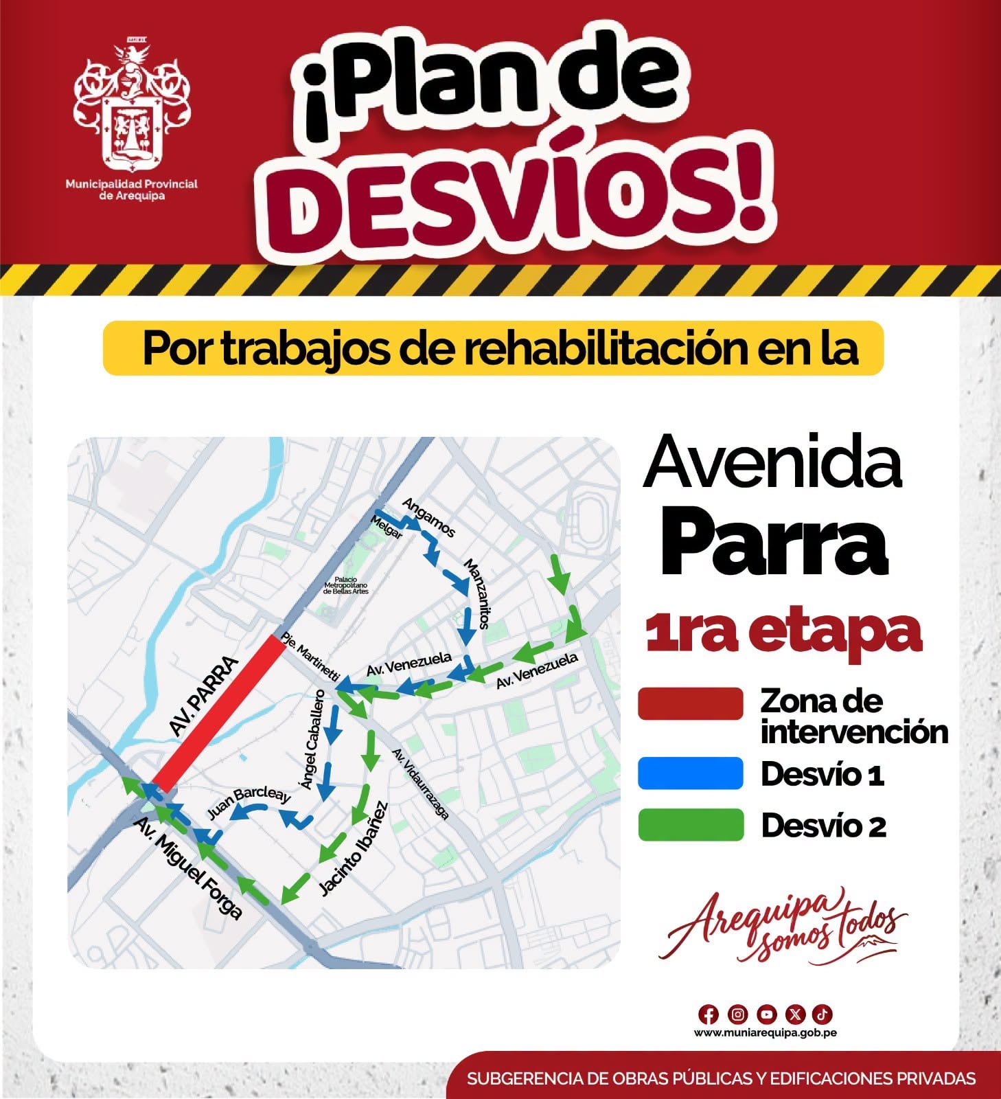 Plan de desvíos por intervención en la avenida Parra, en Arequipa.