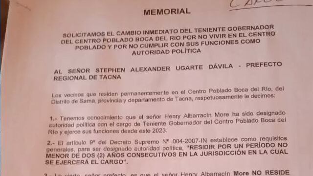 Tacna: Pobladores exigen retiro del teniente gobernador de Boca del Río