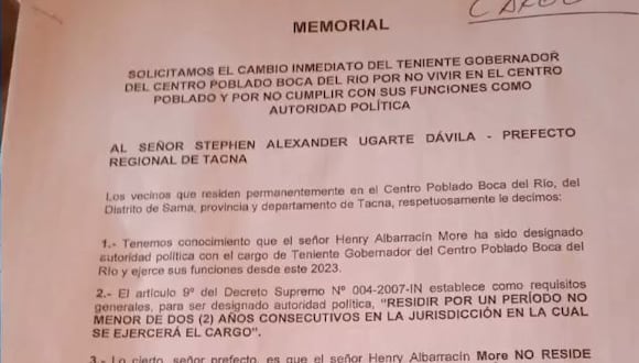 Memorial está dirigido al prefecto regional de Tacna Stephen Ugarte Dávila. (Foto: Difusión)