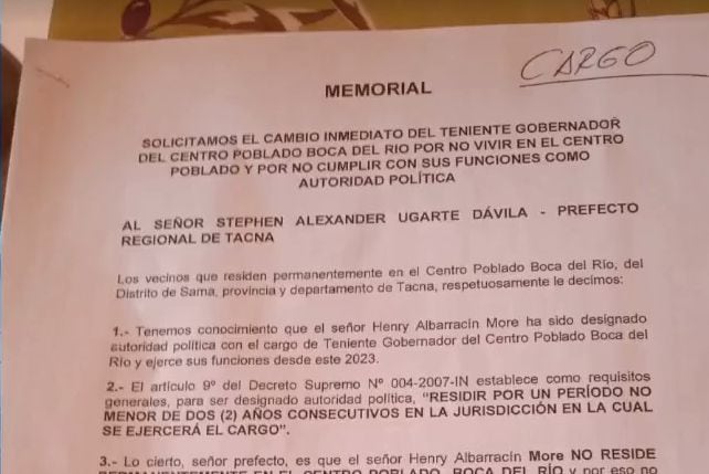 Memorial está dirigido al prefecto regional de Tacna Stephen Ugarte Dávila. (Foto: Difusión)