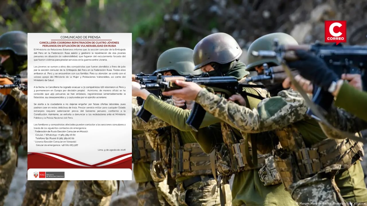 Cancillería repatria a cuatro peruanos que fueron reclutados con engaños para combatir en Rusia. Composición: Diario Correo.