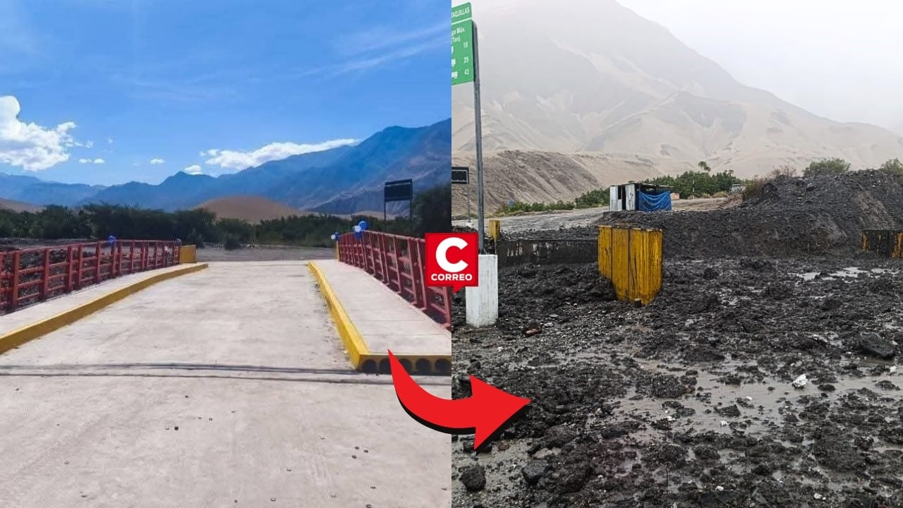 Moquegua: huaico arrasó puente inaugurado hace 17 días en distrito de Quinistaquillas (VIDEO). Composición: Diario Correo.