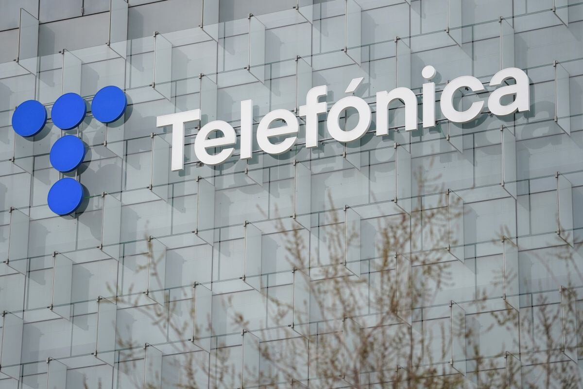 A logo on the exterior of the Telefonica SA headquarters in Madrid, Spain, on Thursday, Feb. 22, 2024. Spains Telefonica missed analysts earnings expectations after taking an impairment in the UK and a provision as part of a plan to cut staff costs.