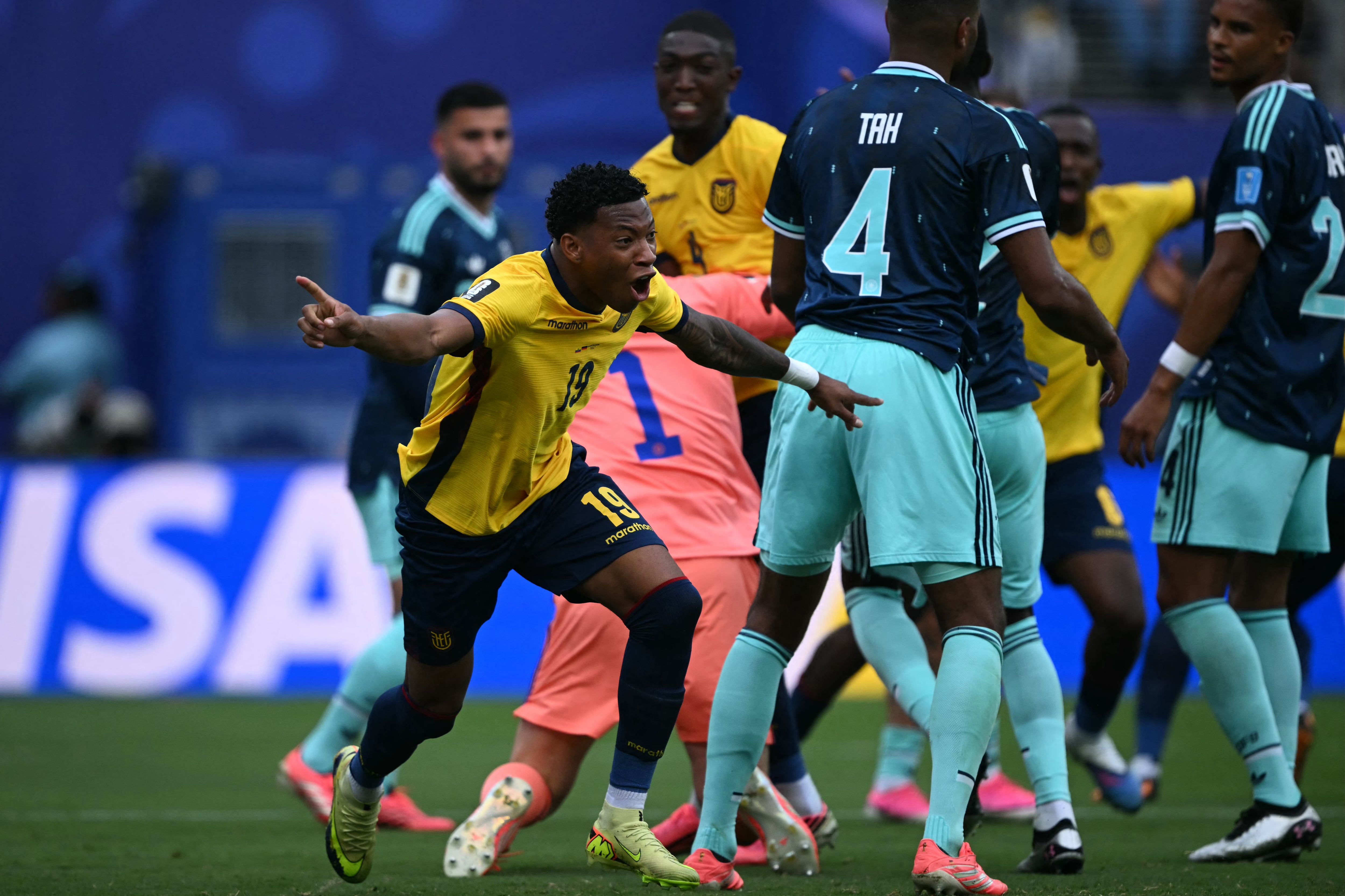 Ecuador's midfielder #19 Gonzalo Plata celebrates scoring his team's second goal during the 2026 World Cup Group E football match between Ecuador and Germany at the New York/New Jersey Stadium in East Rutherford on June 25, 2026. (Photo by MAURO PIMENTEL / AFP)