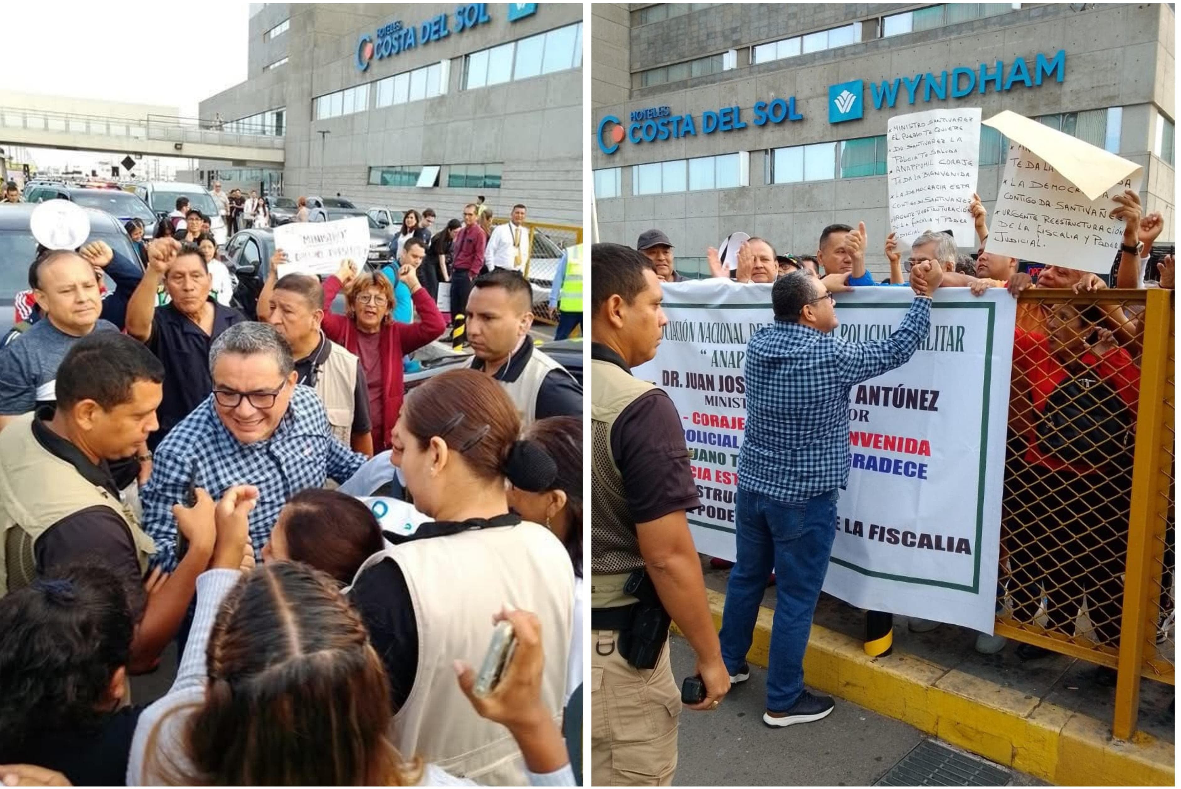 Un grupo de personas lo recibió con carteles y gigantografías al ministro Juan José Santiváñez en el aeropuerto Jorge Chávez. Foto: Difusión.