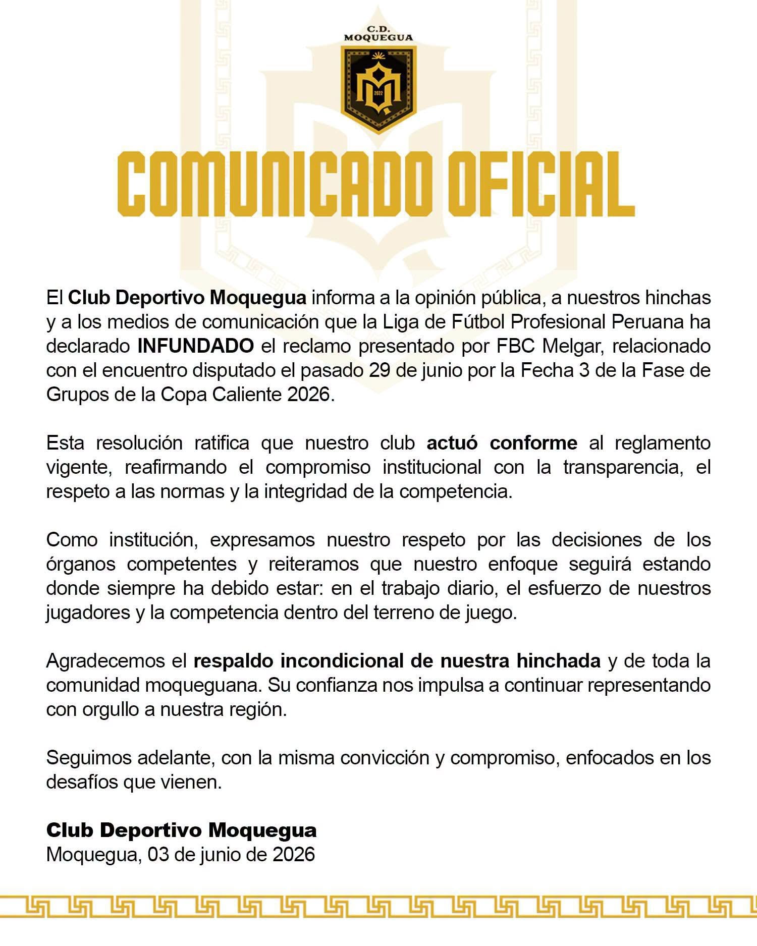 Comunicado de CD Moquegua sobre reclamo del FBC Melgar que no prosperó.