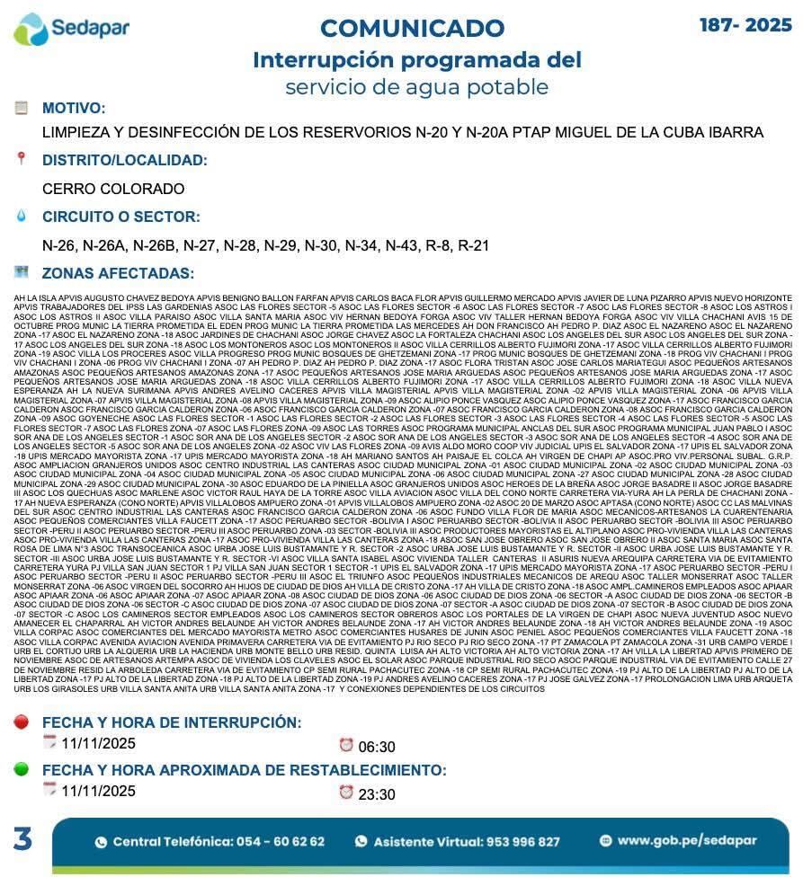 Corte de agua en 8 distritos de Arequipa.